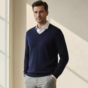 Falke Men's Pure Cashmere Classic V-Neck Sweater Pullover | Navy Blue | Medium
